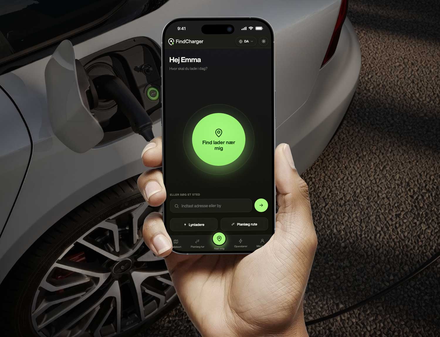 FindCharger EV-ladekort app til Europa vist på en mobil